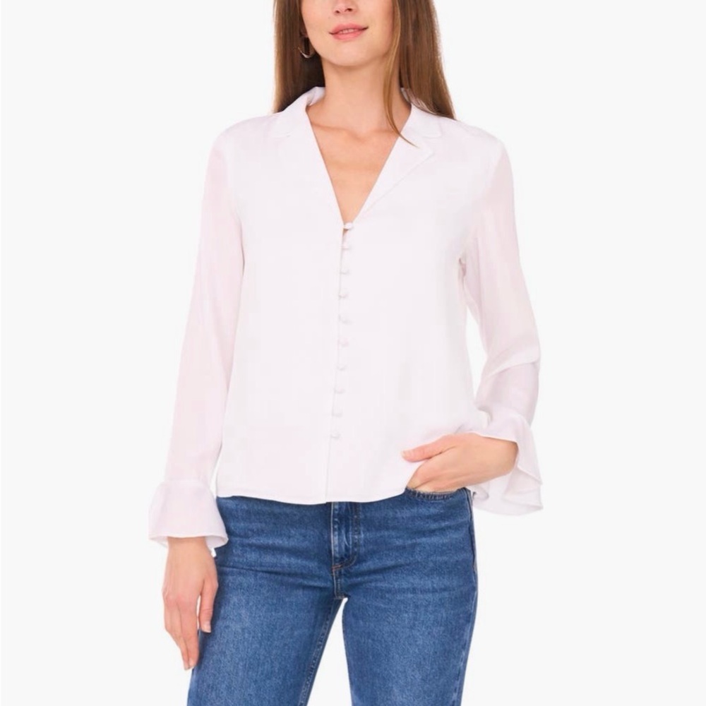 1. State Women's White Dressy Button Front Blouse Flair Detail Sleeves NWT B#1